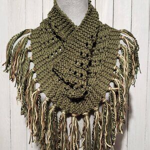 NEW Cowl Scarf Fringe Hand Knitted Olive Green Boho Handmade Knit Eyelet Artsy
